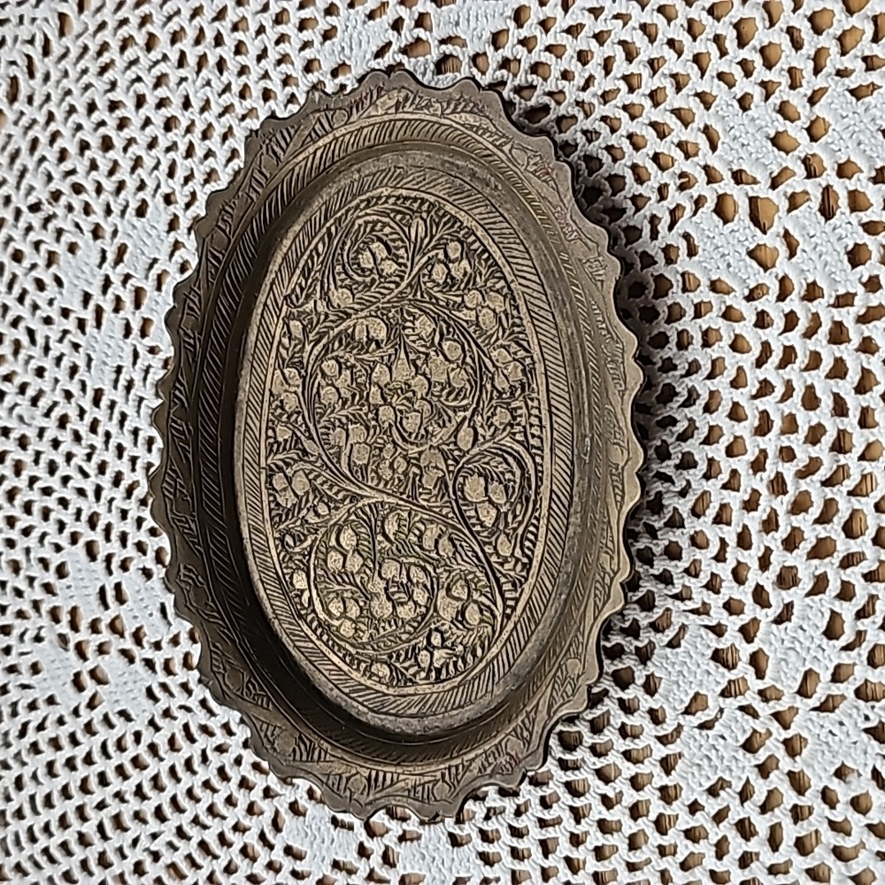 Brass dish etched with flowers and vines vintage trinket dish